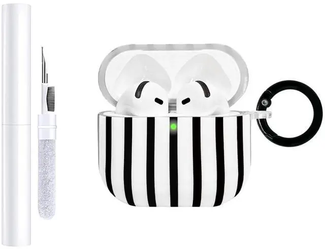 Main image of Compatible with AirPods 4 Case Cover 2024, Hard TPU Case with Cute Stripe Pattern for AirPods 4th Generation Case with Metal Keychain and Cleaning Kit for Girls Women (Black)