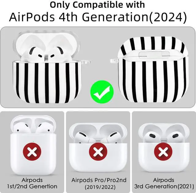 Alt view image 3 of 7 - Compatible with AirPods 4 Case Cover 2024, Hard TPU Case with Cute Stripe Pattern for AirPods 4th Generation Case with Metal Keychain and Cleaning Kit for Girls Women (Black)