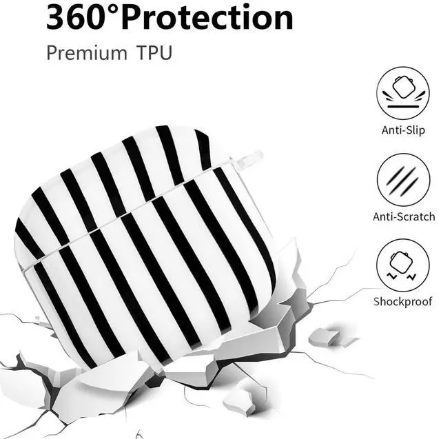 Alt view image 2 of 7 - Compatible with AirPods 4 Case Cover 2024, Hard TPU Case with Cute Stripe Pattern for AirPods 4th Generation Case with Metal Keychain and Cleaning Kit for Girls Women (Black)