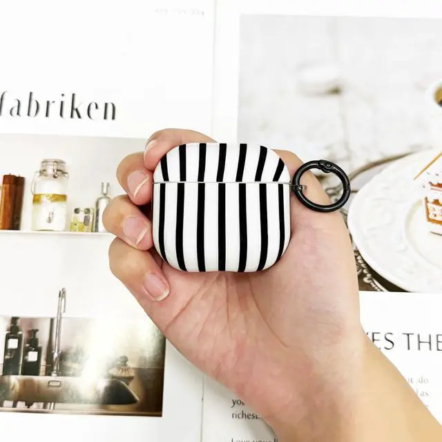 Alt view image 6 of 7 - Compatible with AirPods 4 Case Cover 2024, Hard TPU Case with Cute Stripe Pattern for AirPods 4th Generation Case with Metal Keychain and Cleaning Kit for Girls Women (Black)