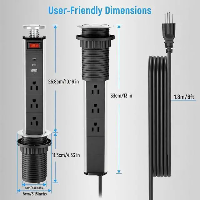Alt view image 5 of 7 - 2-1/2" Pull Up Outlet for Countertop, USB-C PD 20W and 3 Outlets | Manual-Lift Hidden Design, Space-Saving, 6 Ft Cord, RV Tables, Camper Interiors, Home Offices, Workbenches