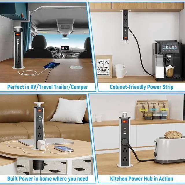 Alt view image 7 of 7 - 2-1/2" Pull Up Outlet for Countertop, USB-C PD 20W and 3 Outlets | Manual-Lift Hidden Design, Space-Saving, 6 Ft Cord, RV Tables, Camper Interiors, Home Offices, Workbenches
