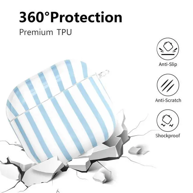 Alt view image 2 of 7 - Compatible with AirPods 4 Case Cover 2024, Hard TPU Case with Cute Stripe Pattern for AirPods 4th Generation Case with Metal Keychain and Cleaning Kit for Girls Women (Blue)