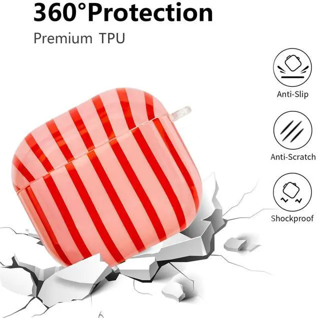 Alt view image 2 of 7 - Compatible with AirPods 4 Case Cover 2024, Hard TPU Case with Cute Stripe Pattern for AirPods 4th Generation Case with Metal Keychain and Cleaning Kit for Girls Women (Red)