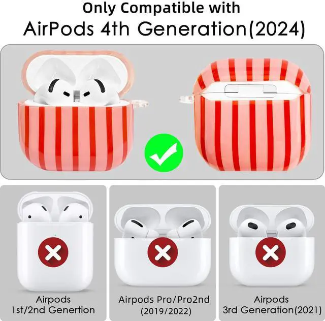 Alt view image 3 of 7 - Compatible with AirPods 4 Case Cover 2024, Hard TPU Case with Cute Stripe Pattern for AirPods 4th Generation Case with Metal Keychain and Cleaning Kit for Girls Women (Red)