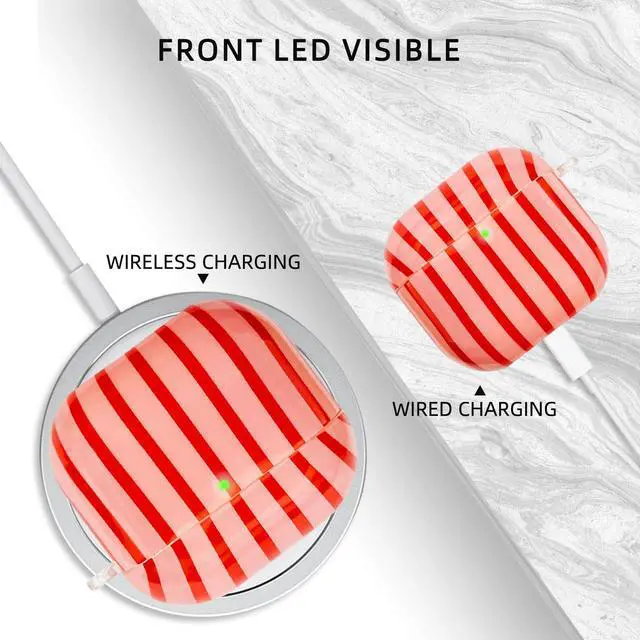 Alt view image 4 of 7 - Compatible with AirPods 4 Case Cover 2024, Hard TPU Case with Cute Stripe Pattern for AirPods 4th Generation Case with Metal Keychain and Cleaning Kit for Girls Women (Red)