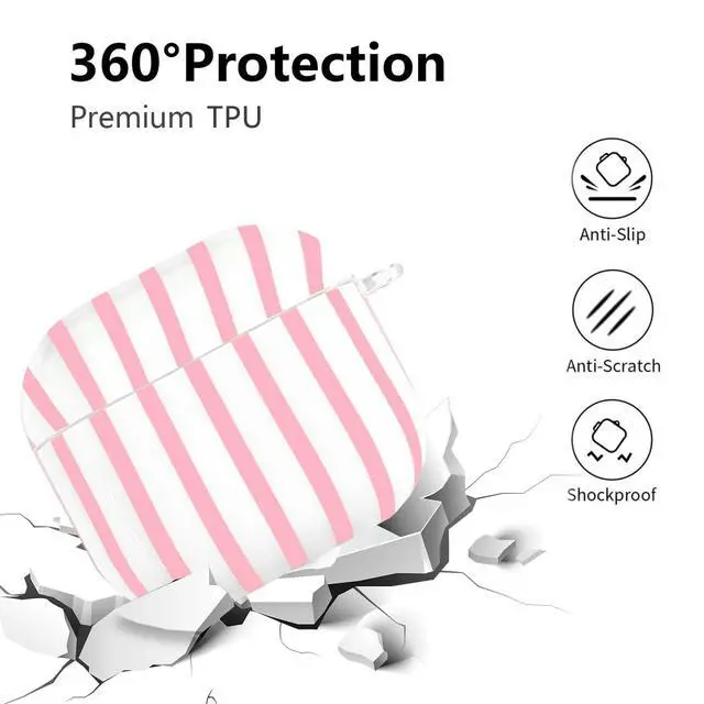 Alt view image 2 of 7 - Compatible with AirPods 4 Case Cover 2024, Hard TPU Case with Cute Stripe Pattern for AirPods 4th Generation Case with Metal Keychain and Cleaning Kit for Girls Women (Pink)