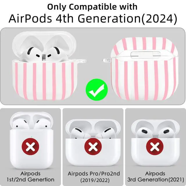 Alt view image 3 of 7 - Compatible with AirPods 4 Case Cover 2024, Hard TPU Case with Cute Stripe Pattern for AirPods 4th Generation Case with Metal Keychain and Cleaning Kit for Girls Women (Pink)
