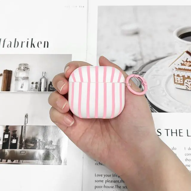 Alt view image 6 of 7 - Compatible with AirPods 4 Case Cover 2024, Hard TPU Case with Cute Stripe Pattern for AirPods 4th Generation Case with Metal Keychain and Cleaning Kit for Girls Women (Pink)