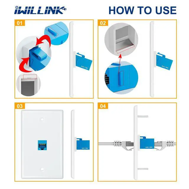 Alt view image 6 of 7 - 5-Pack Cat6A Ethernet Wall Plate, 1-Port RJ45 Wall Plate, Blue | 1-Port Keystone Wall Plates with Cat 6A Coupler 10Gbit/s, Female to Female Cat6a Wall Plate, Cat6a/Cat6/5e, PoE