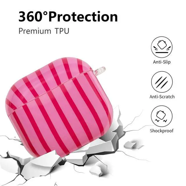 Alt view image 2 of 7 - Compatible with AirPods 4 Case Cover 2024, Hard TPU Case with Cute Stripe Pattern for AirPods 4th Generation Case with Metal Keychain and Cleaning Kit for Girls Women (Hot Pink)