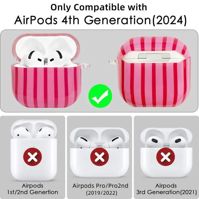Alt view image 3 of 7 - Compatible with AirPods 4 Case Cover 2024, Hard TPU Case with Cute Stripe Pattern for AirPods 4th Generation Case with Metal Keychain and Cleaning Kit for Girls Women (Hot Pink)