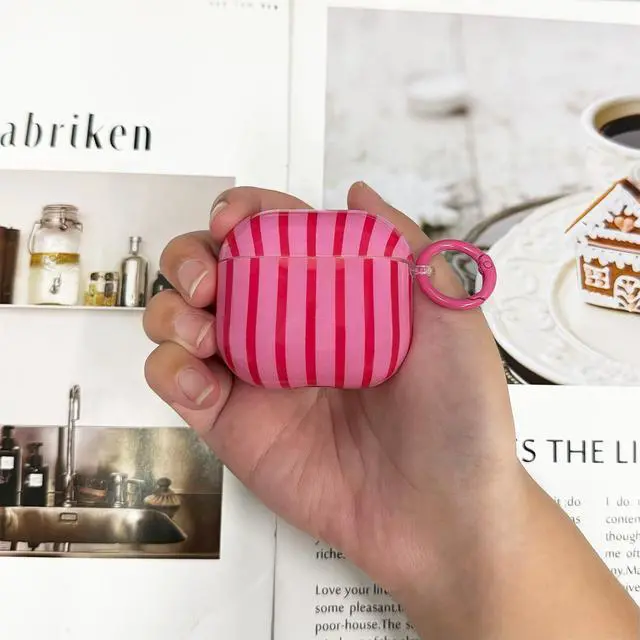 Alt view image 6 of 7 - Compatible with AirPods 4 Case Cover 2024, Hard TPU Case with Cute Stripe Pattern for AirPods 4th Generation Case with Metal Keychain and Cleaning Kit for Girls Women (Hot Pink)