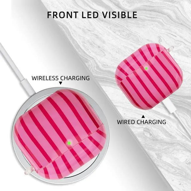 Alt view image 4 of 7 - Compatible with AirPods 4 Case Cover 2024, Hard TPU Case with Cute Stripe Pattern for AirPods 4th Generation Case with Metal Keychain and Cleaning Kit for Girls Women (Hot Pink)
