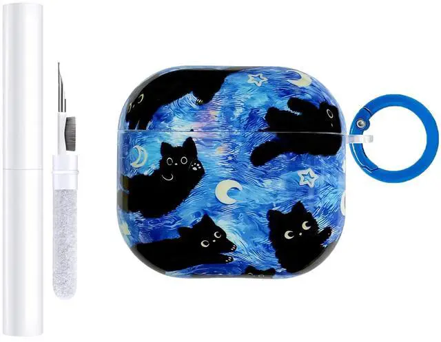Main image of Cute Cartoon Cat Pattern Compatible with AirPods 4 Case 2024 (Blue) | Hard TPU Case for AirPods 4th Generation with Trendy Keychain Ring and Cleaning Kit for Girls Women
