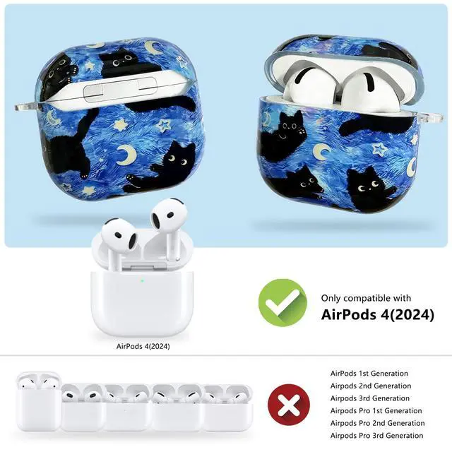Alt view image 2 of 7 - Cute Cartoon Cat Pattern Compatible with AirPods 4 Case 2024 (Blue) | Hard TPU Case for AirPods 4th Generation with Trendy Keychain Ring and Cleaning Kit for Girls Women