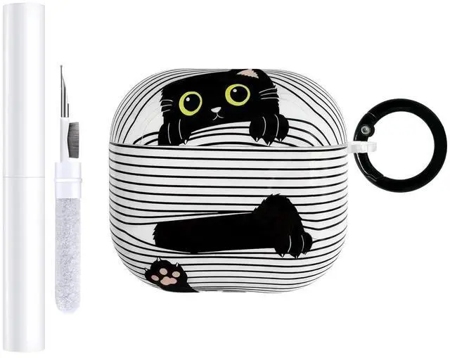 Main image of Cute Cartoon Cat Pattern Compatible with AirPods 4 Case 2024 (Black) | Hard TPU Case for AirPods 4th Generation with Trendy Keychain Ring and Cleaning Kit for Girls Women