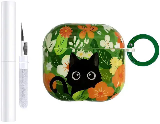 Main image of Cute Cartoon Cat Pattern Compatible with AirPods 4 Case 2024 (Green) | Hard TPU Case for AirPods 4th Generation with Trendy Keychain Ring and Cleaning Kit for Girls Women