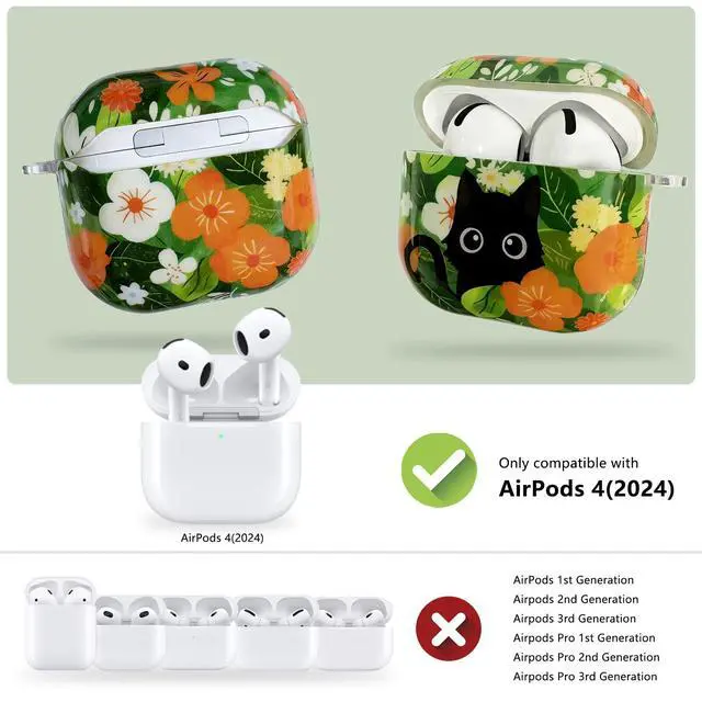 Alt view image 2 of 7 - Cute Cartoon Cat Pattern Compatible with AirPods 4 Case 2024 (Green) | Hard TPU Case for AirPods 4th Generation with Trendy Keychain Ring and Cleaning Kit for Girls Women