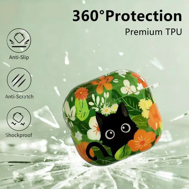 Alt view image 3 of 7 - Cute Cartoon Cat Pattern Compatible with AirPods 4 Case 2024 (Green) | Hard TPU Case for AirPods 4th Generation with Trendy Keychain Ring and Cleaning Kit for Girls Women