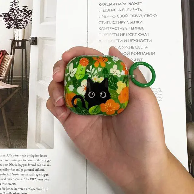 Alt view image 6 of 7 - Cute Cartoon Cat Pattern Compatible with AirPods 4 Case 2024 (Green) | Hard TPU Case for AirPods 4th Generation with Trendy Keychain Ring and Cleaning Kit for Girls Women