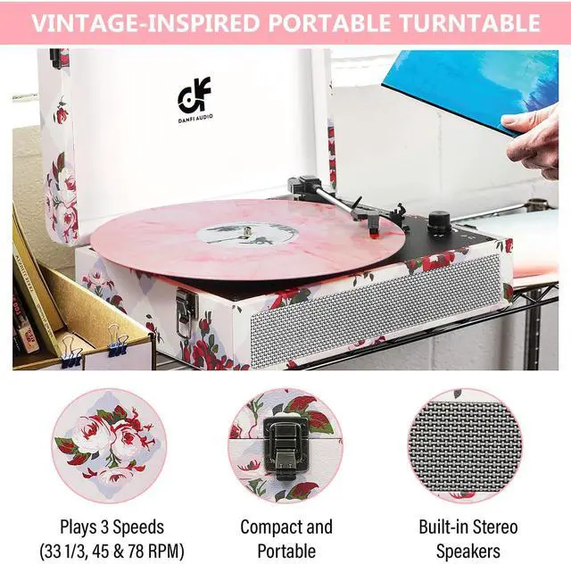 Alt view image 6 of 7 - Vinyl Record Player Bluetooth with Built-in Speakers, Vintage Portable Turntable 3 Speed with USB Recording Headphone/RCA/AUX Jack Floral Record Player White