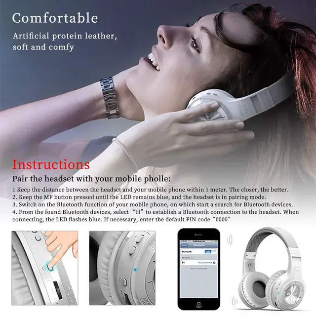 Alt view image 5 of 5 - HT Turbine Wireless Bluetooth 5.0 Stereo Headphones with Mic (White)