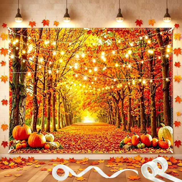 Main image of 8x6FT Fall Backdrop Autumn Thanksgiving Background with 100 Maple Leaves | Photography backdrop, glue dots, harvest pumpkin forest banner, ribbon, grommets, party photo booth decor