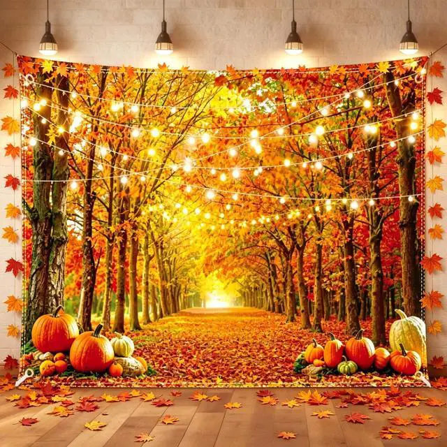 Alt view image 5 of 6 - 8x6FT Fall Backdrop Autumn Thanksgiving Background with 100 Maple Leaves | Photography backdrop, glue dots, harvest pumpkin forest banner, ribbon, grommets, party photo booth decor