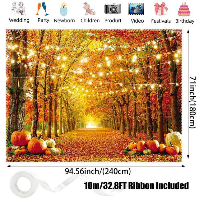 Alt view image 4 of 6 - 8x6FT Fall Backdrop Autumn Thanksgiving Background with 100 Maple Leaves | Photography backdrop, glue dots, harvest pumpkin forest banner, ribbon, grommets, party photo booth decor