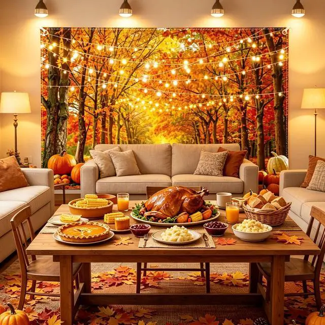 Alt view image 6 of 6 - 8x6FT Fall Backdrop Autumn Thanksgiving Background with 100 Maple Leaves | Photography backdrop, glue dots, harvest pumpkin forest banner, ribbon, grommets, party photo booth decor
