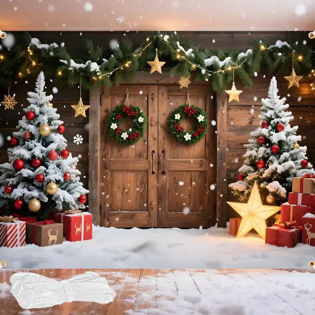 Main image of 8x6FT Christmas Backdrop for Wall Photography - Large Rustic Barn Door Christmas Backdrops with Tree & Snow Scene, Double-Stitched Fabric Banner with 6m Ribbon & 4 Grommets, Xmas Party Decoration
