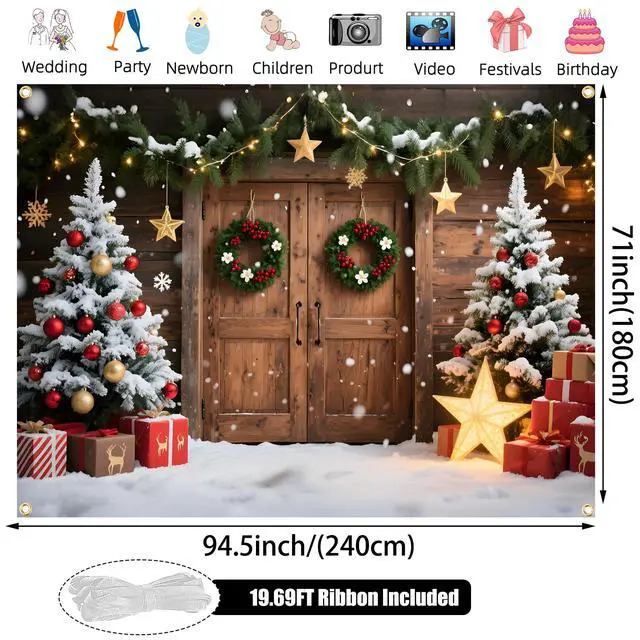 Alt view image 2 of 6 - 8x6FT Christmas Backdrop for Wall Photography - Large Rustic Barn Door Christmas Backdrops with Tree & Snow Scene, Double-Stitched Fabric Banner with 6m Ribbon & 4 Grommets, Xmas Party Decoration