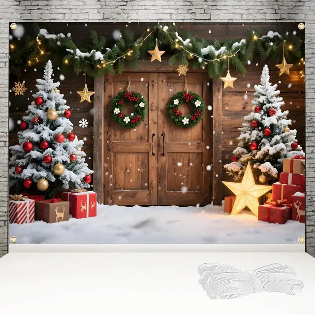 Alt view image 5 of 6 - 8x6FT Christmas Backdrop for Wall Photography - Large Rustic Barn Door Christmas Backdrops with Tree & Snow Scene, Double-Stitched Fabric Banner with 6m Ribbon & 4 Grommets, Xmas Party Decoration