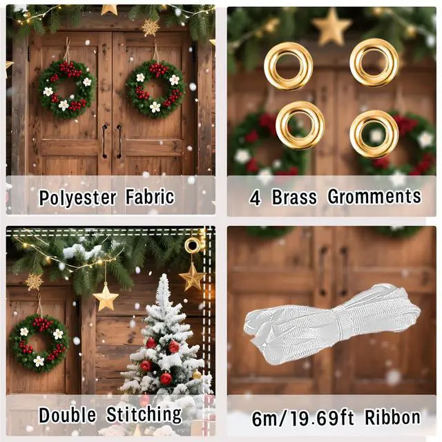 Alt view image 3 of 6 - 7x5FT Christmas Backdrop for Photography - Rustic Barn Wood Door with Xmas Tree & Snow Background, Fabric Christmas Backdrops for Wall with 6m Ribbon Holiday Photo Studio Decoration