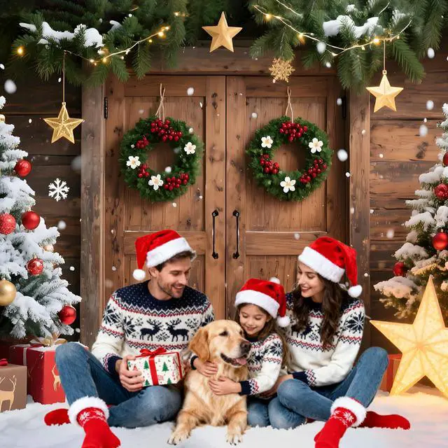 Alt view image 4 of 6 - 8x6FT Christmas Backdrop for Wall Photography - Large Rustic Barn Door Christmas Backdrops with Tree & Snow Scene, Double-Stitched Fabric Banner with 6m Ribbon & 4 Grommets, Xmas Party Decoration