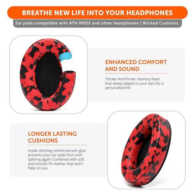 Alt view image 3 of 7 - PadZ & BandZ Bundle - Replacement Earpads and Headband Cover for ATH M50X and M Series Headphones | Red Camo Pack