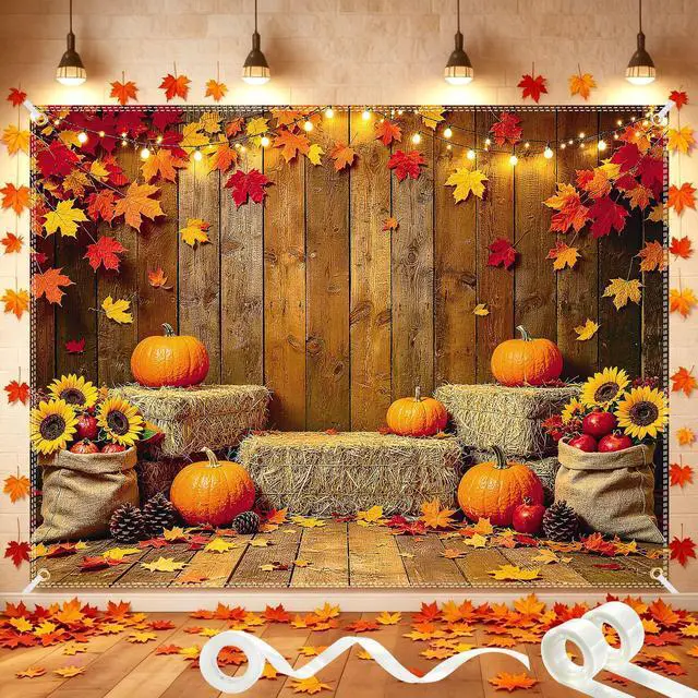 Main image of 8x6FT Fall Pumpkin Backdrop Thanksgiving Backdrop with 100 Maple Leaves | Glue dots, 10m ribbon, wooden barn truck harvest design, photography, party photo booth decorations