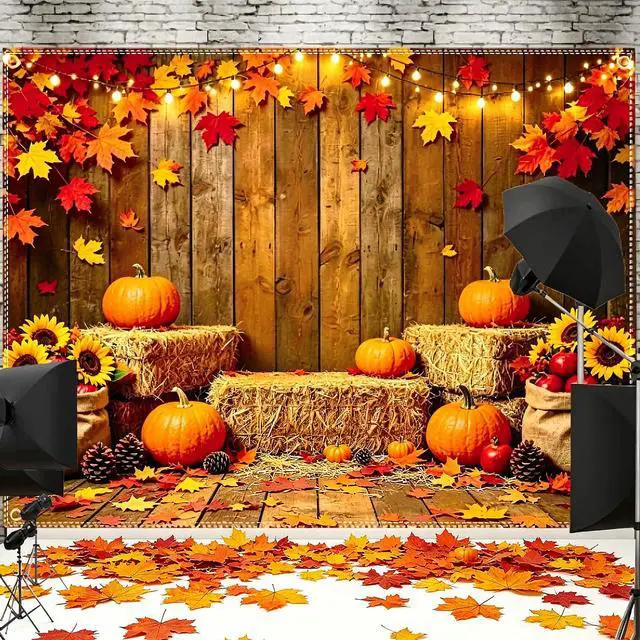 Alt view image 3 of 7 - 8x6FT Fall Pumpkin Backdrop Thanksgiving Backdrop with 100 Maple Leaves | Glue dots, 10m ribbon, wooden barn truck harvest design, photography, party photo booth decorations