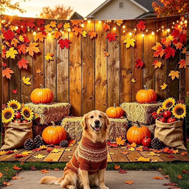 Alt view image 4 of 7 - 8x6FT Fall Pumpkin Backdrop Thanksgiving Backdrop with 100 Maple Leaves | Glue dots, 10m ribbon, wooden barn truck harvest design, photography, party photo booth decorations