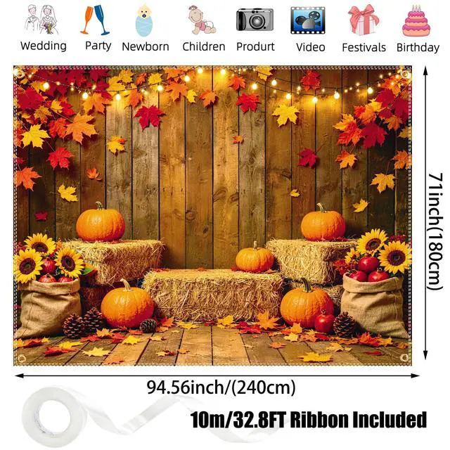Alt view image 2 of 7 - 8x6FT Fall Pumpkin Backdrop Thanksgiving Backdrop with 100 Maple Leaves | Glue dots, 10m ribbon, wooden barn truck harvest design, photography, party photo booth decorations