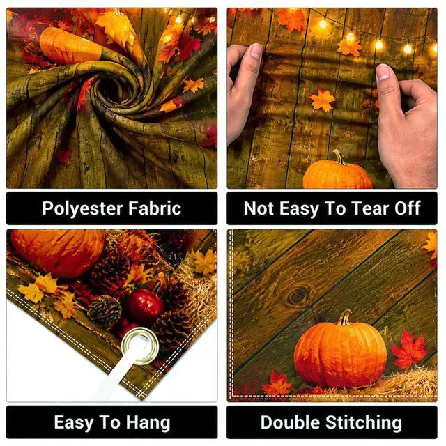 Alt view image 6 of 7 - 8x6FT Fall Pumpkin Backdrop Thanksgiving Backdrop with 100 Maple Leaves | Glue dots, 10m ribbon, wooden barn truck harvest design, photography, party photo booth decorations