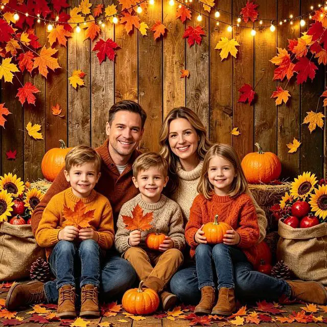 Alt view image 5 of 7 - 8x6FT Fall Pumpkin Backdrop Thanksgiving Backdrop with 100 Maple Leaves | Glue dots, 10m ribbon, wooden barn truck harvest design, photography, party photo booth decorations