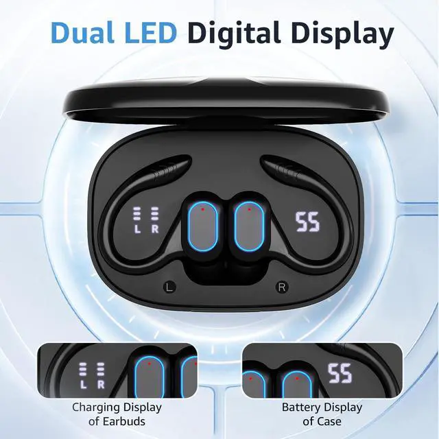 Alt view image 4 of 6 - In Ear Sport Clip Headphones30H Battery LED Display3D Surround Sound Bluetooth 5.5 Wireless Sports Earbuds IPX5 Sweatproof Low Latency Gaming Headset with Earhooks, for iOS & Android (Dark Black)