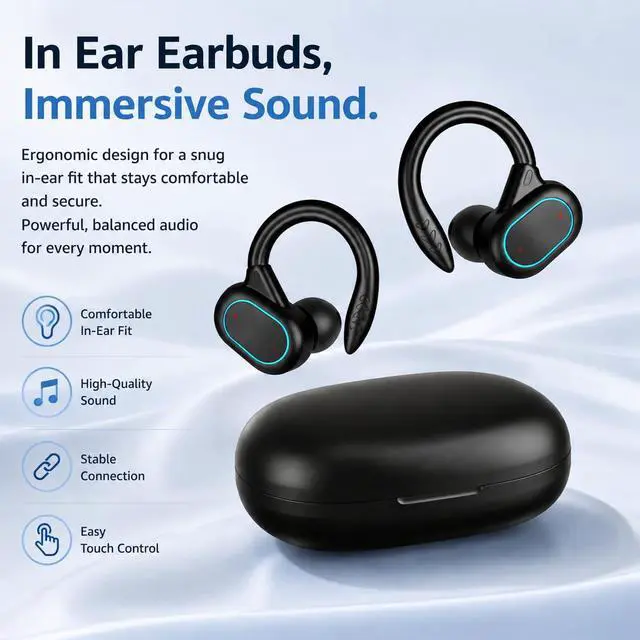 Alt view image 5 of 6 - In Ear Sport Clip Headphones30H Battery LED Display3D Surround Sound Bluetooth 5.5 Wireless Sports Earbuds IPX5 Sweatproof Low Latency Gaming Headset with Earhooks, for iOS & Android (Dark Black)