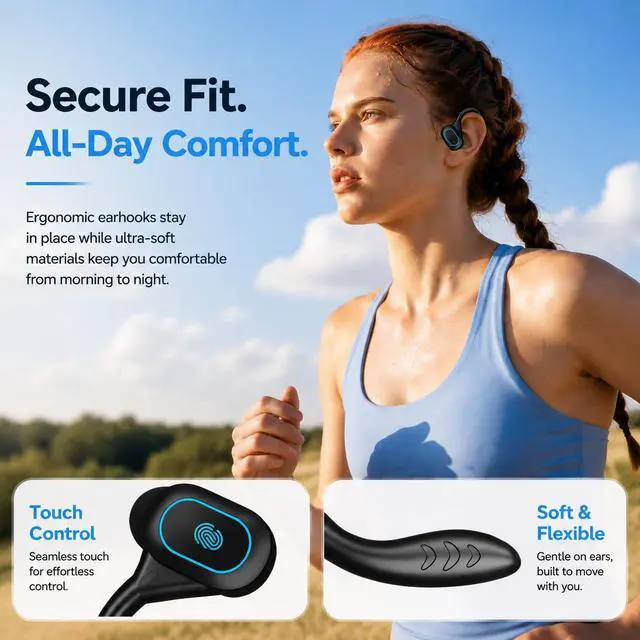 Alt view image 6 of 6 - In Ear Sport Clip Headphones30H Battery LED Display3D Surround Sound Bluetooth 5.5 Wireless Sports Earbuds IPX5 Sweatproof Low Latency Gaming Headset with Earhooks, for iOS & Android (Dark Black)