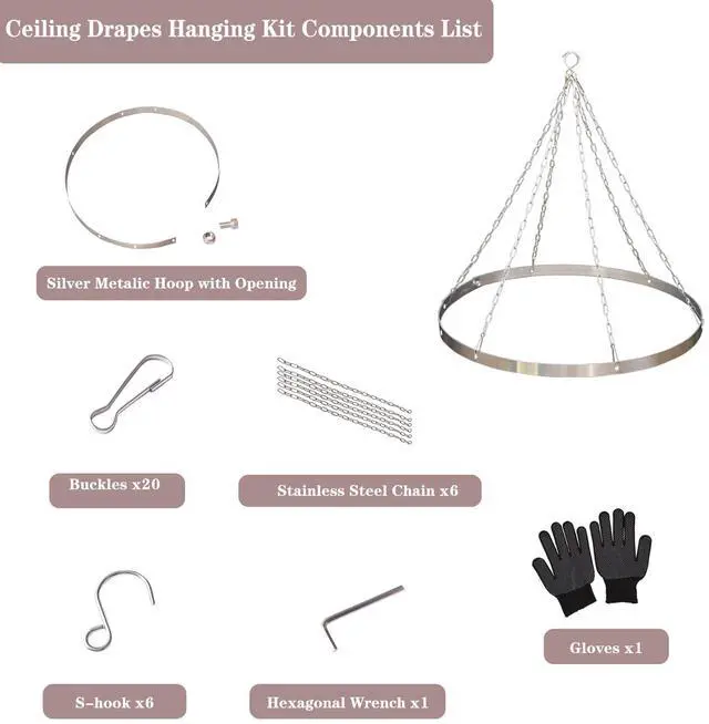 Alt view image 5 of 7 - Silver Metallic Ceiling Drapes Hanging Kit 24 Inches Hoop Metal Hardware Kit for Wedding Drapes Decorations