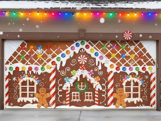 Main image of 6.4 x 14.6 ft Christmas Gingerbread House Garage Door Decoration Gingerbread House Candy Door Banner Cover Backdrop for Xmas Holiday Outdoor Wall Decor Party