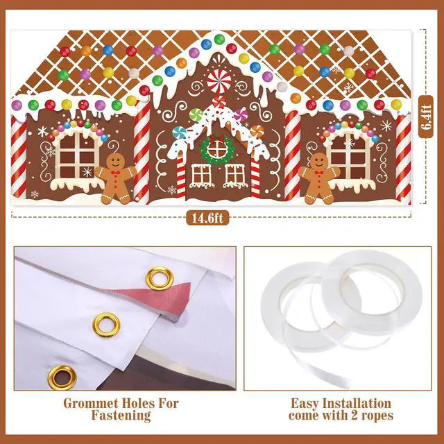 Alt view image 2 of 7 - 6.4 x 14.6 ft Christmas Gingerbread House Garage Door Decoration Gingerbread House Candy Door Banner Cover Backdrop for Xmas Holiday Outdoor Wall Decor Party