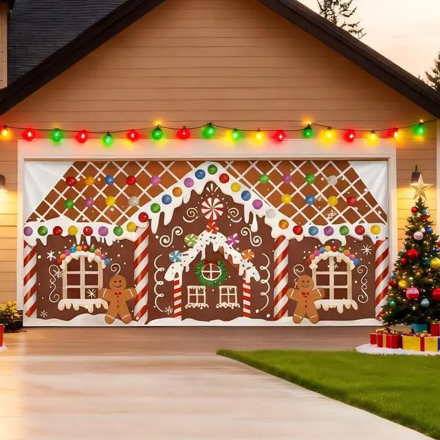Alt view image 4 of 7 - 6.4 x 14.6 ft Christmas Gingerbread House Garage Door Decoration Gingerbread House Candy Door Banner Cover Backdrop for Xmas Holiday Outdoor Wall Decor Party